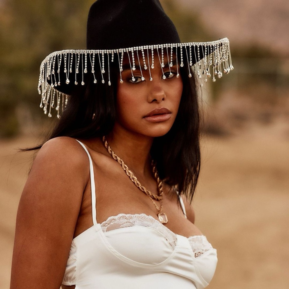 Black Cowboy Hat with Rhinestone Fringe - 12th Tribe - Dolly Hat